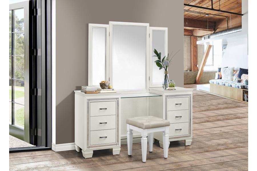 white vanity set with trifold mirror