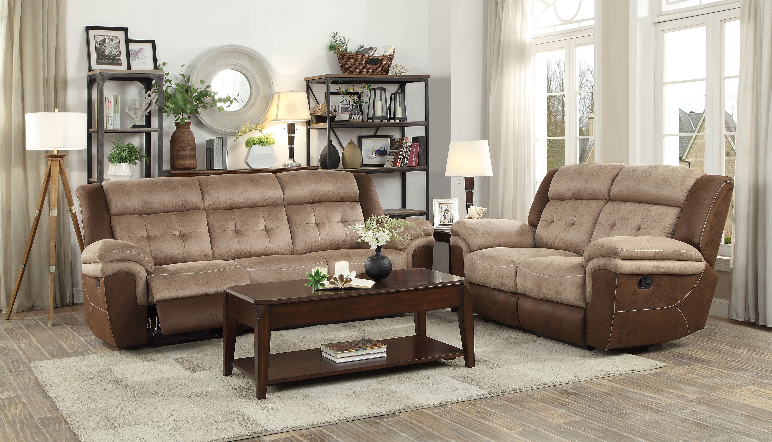 Chai Brown Microfiber Double Reclining Living Room Set 9980HomeleganceLiving Room SetPlush Seating Is Combined With Soft Contemporary Styling That Create The Bold Look Of The Chai Collection The Two Tone Brown Fabric