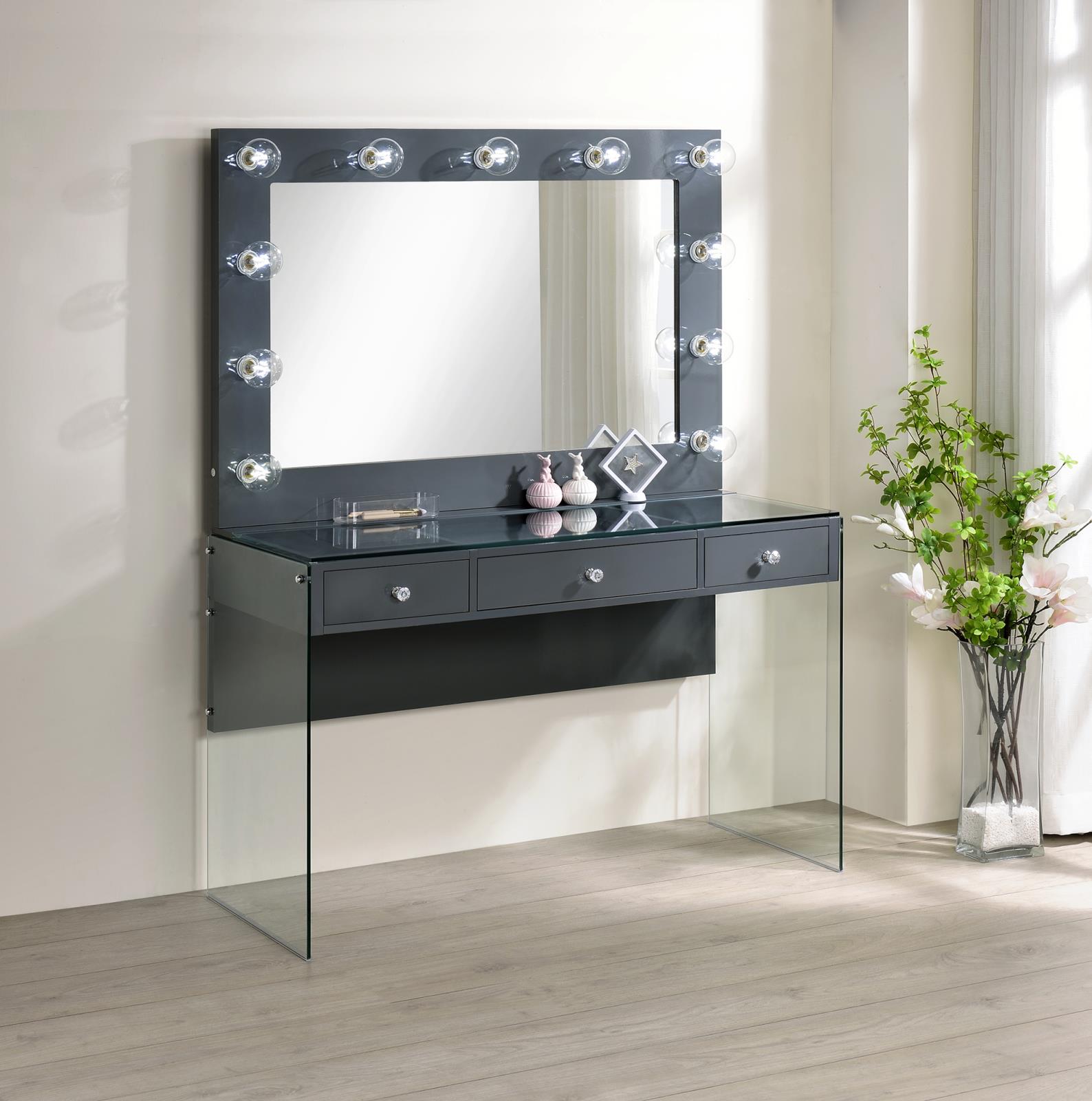 KEUVEN Vanity Desk with Flip Top Mirror and Lights, Makeup Table with 3 Drawers and Stool Storage, Vanity Mirror with Lights 3 Color Dimmable for