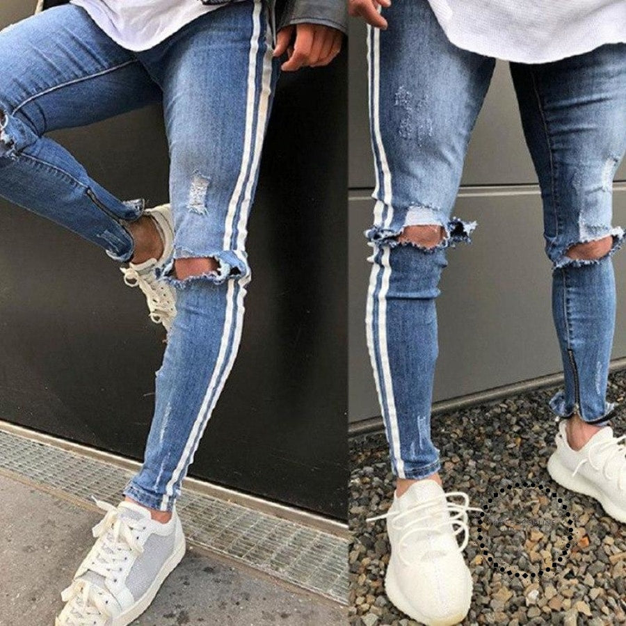 ripped jeans with white stripe