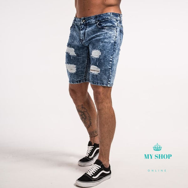 Men Shorts Skinny Jeans Shorts Ripped Repaired Distressed Blue Shorts ...