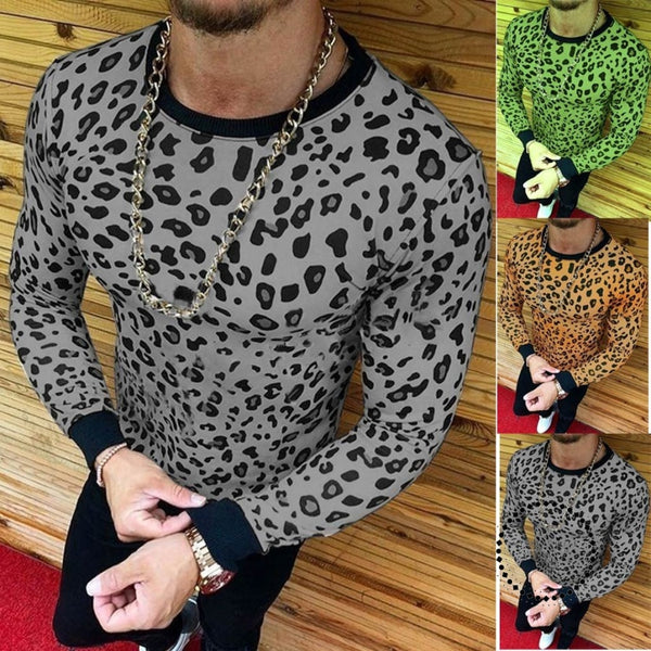 Men's T-Shirt Leopard Print Long-Sleeve Beefy Muscle Basic Solid Tee S ...