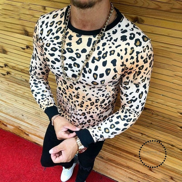 Men's T-Shirt Leopard Print Long-Sleeve Beefy Muscle Basic Solid Tee S ...