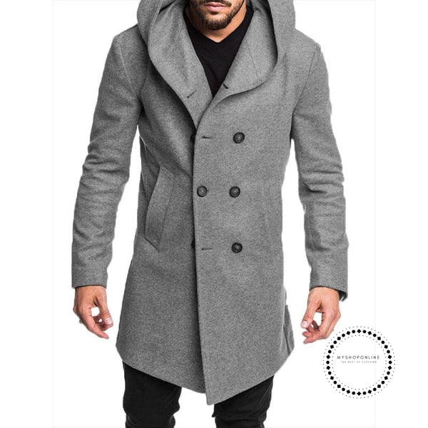 Mens Trench Coat Long Wool Overcoat Double-breasted Autumn Hooded Coat ...