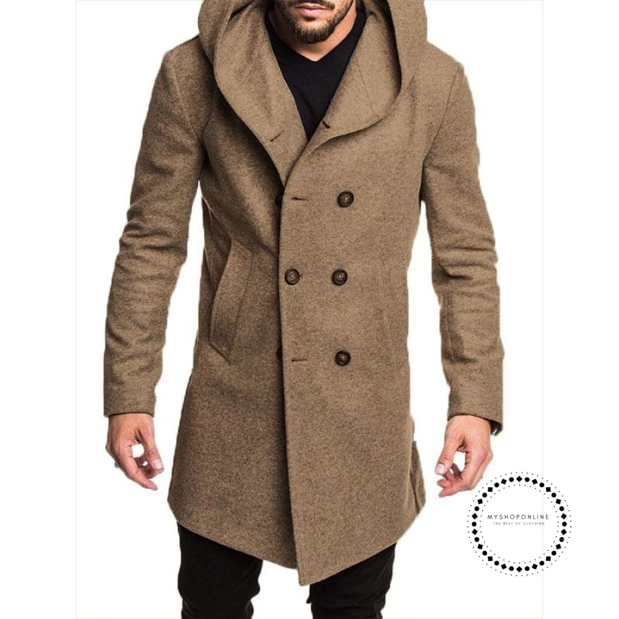 Mens Trench Coat Long Wool Overcoat Double-breasted Autumn Hooded Coat ...