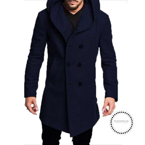 Mens Trench Coat Long Wool Overcoat Double-breasted Autumn Hooded Coat ...