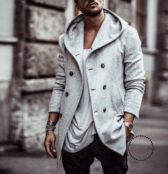 Mens Trench Coat Long Wool Overcoat Double-breasted Autumn Hooded Coat ...