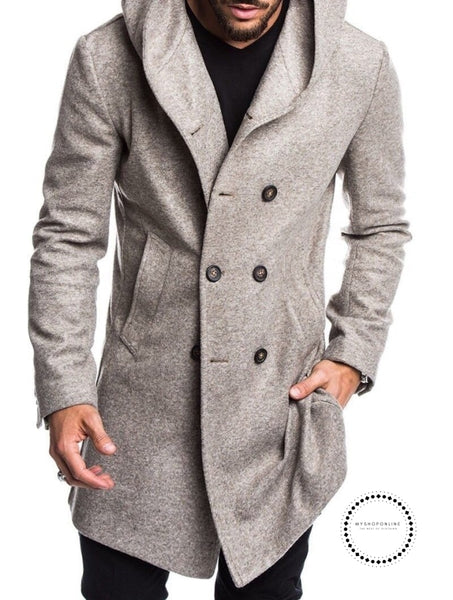 Mens Trench Coat Long Wool Overcoat Double-breasted Autumn Hooded Coat ...