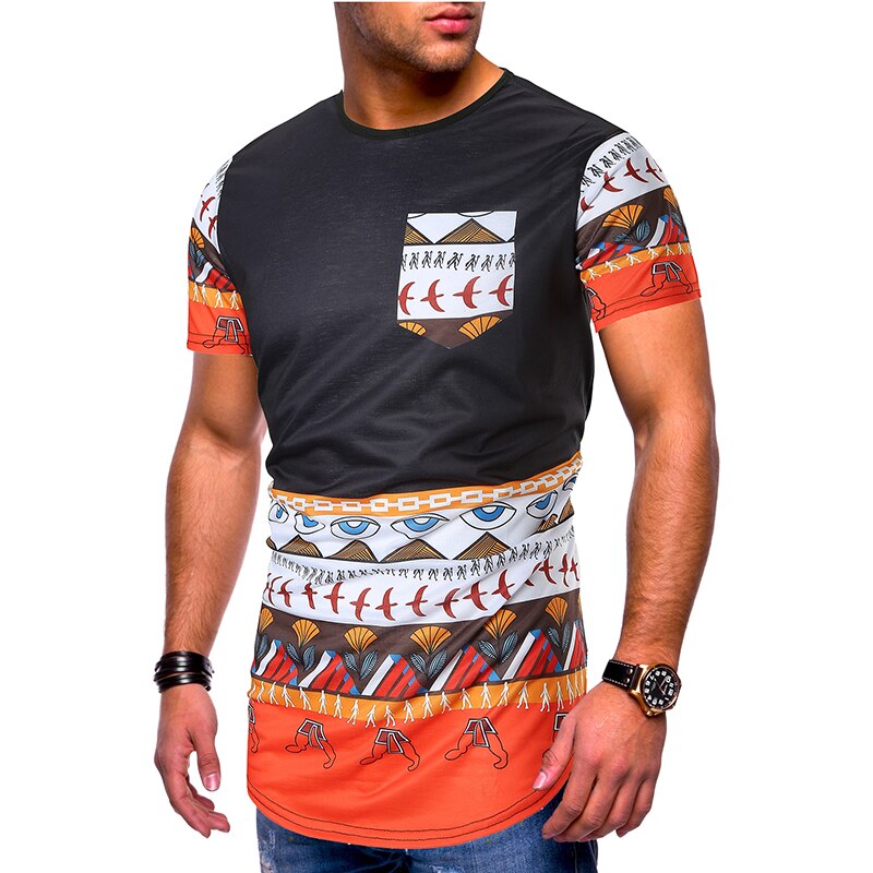 brand short-sleeved featured ethnic print T-shirt o collar slim men's ...