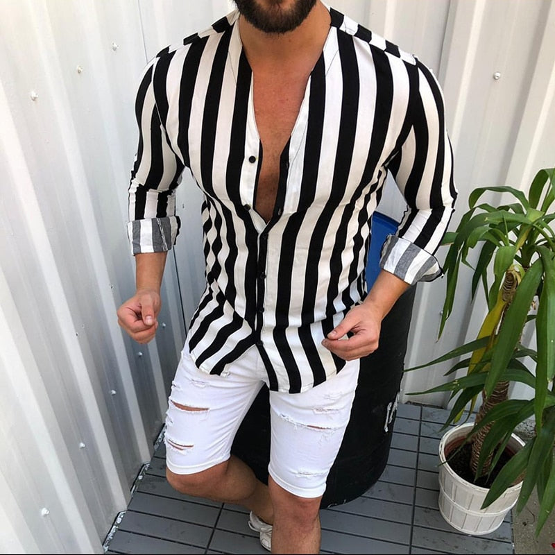 New Men's Fashion Casual Striped Shirts Slim Fit Social Autumn Button ...