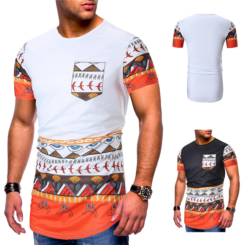 brand short-sleeved featured ethnic print T-shirt o collar slim men's ...