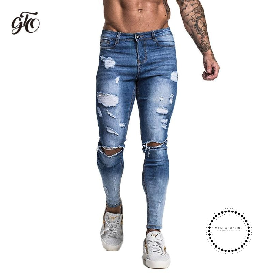 Skinny Jeans Men Slim Fit With Chain Elastic Waist Biker Hip Hop Stree