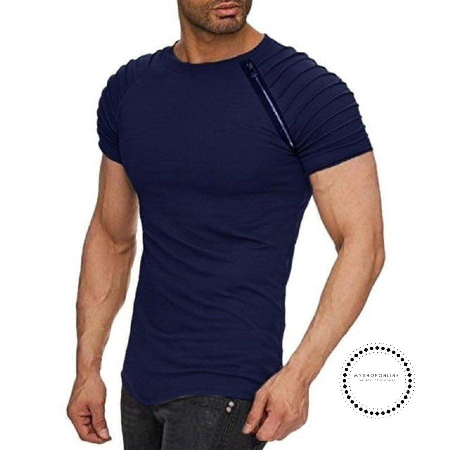 Sleeve Men T Shirt Pleated Zipper Shoulder Jacquard Striped Slim Fit T ...