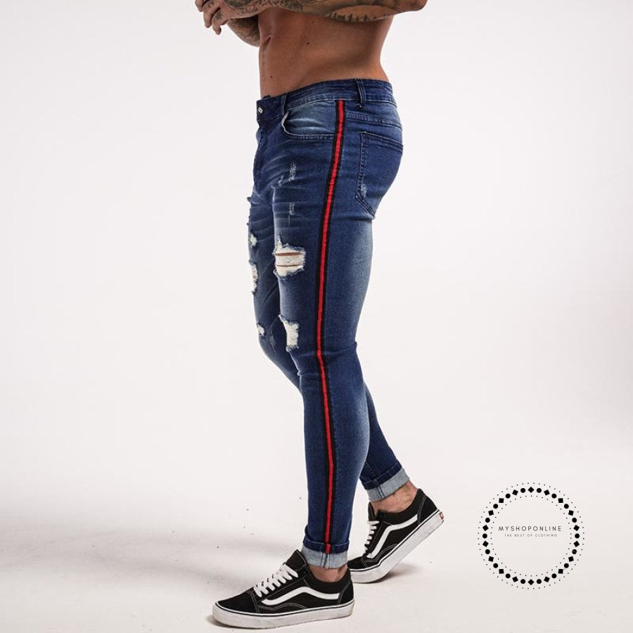 Stripe Ripped Jeans For Men Hip Hop Super Skinny Jeans Elastic ...