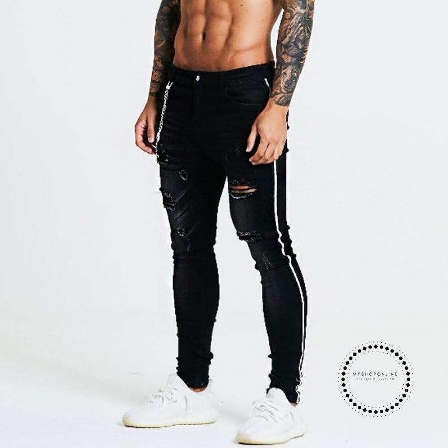 Stripe Ripped Skinny Jeans For Men Classic Hip Hop Stretch Jeans Elast ...