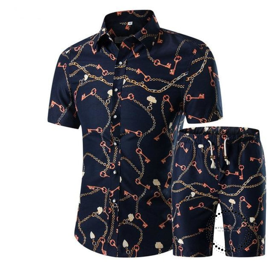 Summer Men Sets Print Floral Short Sleeve Shirts Sets Fashion Casual F ...