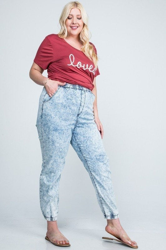 Plus Size Acid Wash Denim Joggers - Ecart