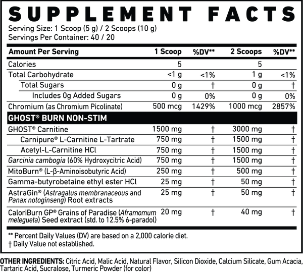 ghost burn non stim ingredients label