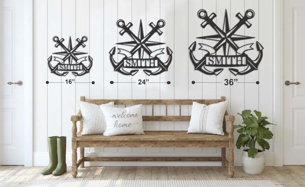 AJD Compass and Anchor Premium Quality Custom Personalizable Home Decor Sizing chart for Boathouse poolhouse