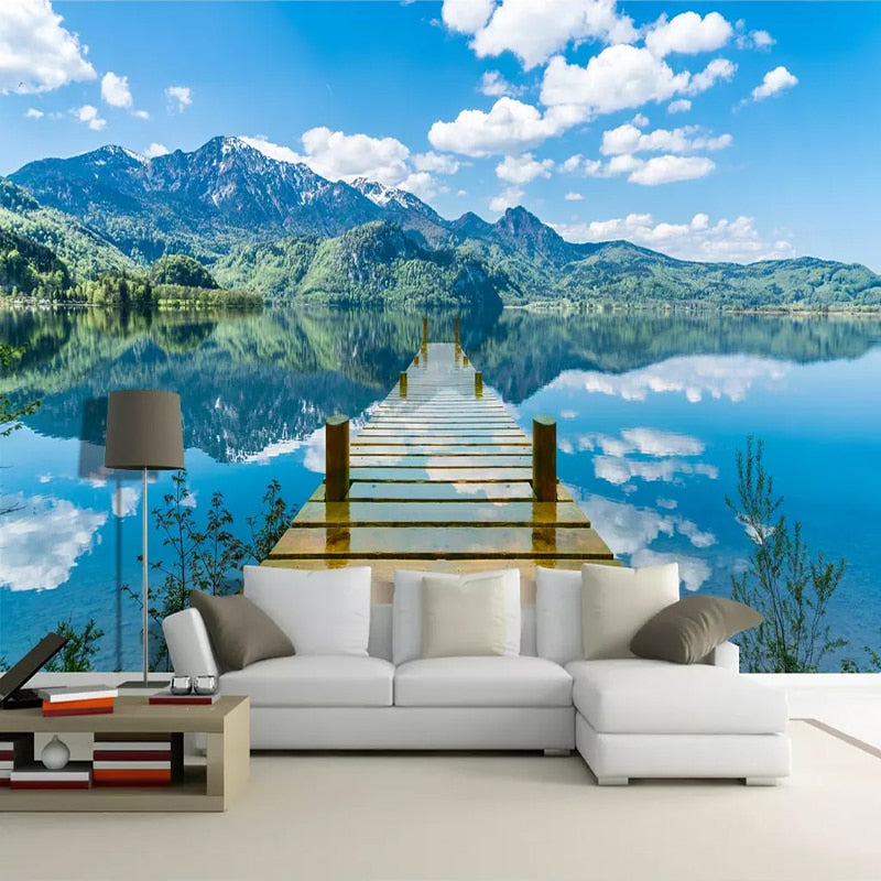 Custom Size Mural Wallpaper Sky Clouds Wooden Bridge Lake ...