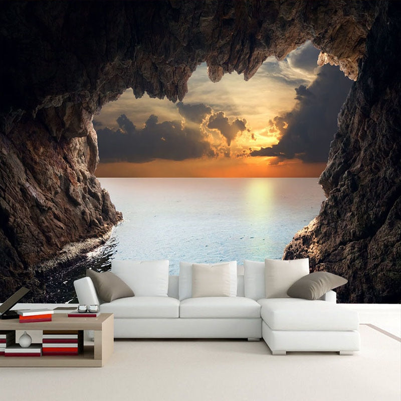 Custom Wallpaper Mural 3D Cave Seascape Sunrise Home Decor | BVM Home