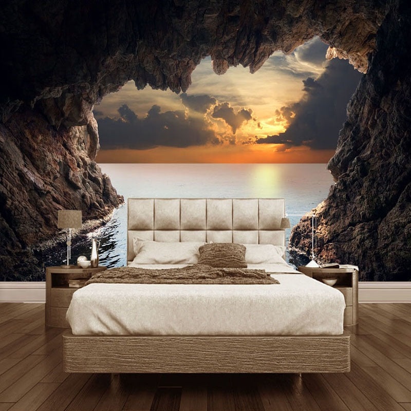 Custom Wallpaper Mural  3D Cave Seascape Sunrise Home Decor 