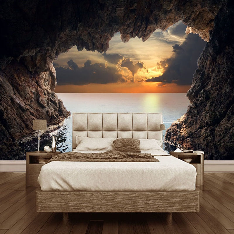 Custom Wallpaper Mural 3D Cave Seascape Sunrise Home Decor | BVM Home