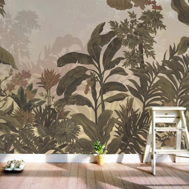 Custom Wallpaper Mural Retro Rainforest Plants Leaves | BVM Home