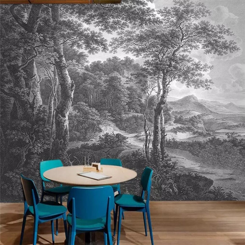 Custom Wallpaper Mural Black and White Hand-painted Forest | BVM Home
