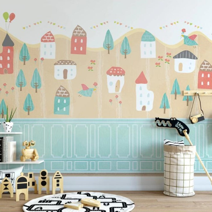 Custom Wallpaper Mural for Kids' Room Cartoon Cute Houses | BVM Home