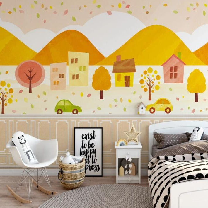 Custom Wallpaper Mural for Kids' Room Cartoon Cute Houses | BVM Home