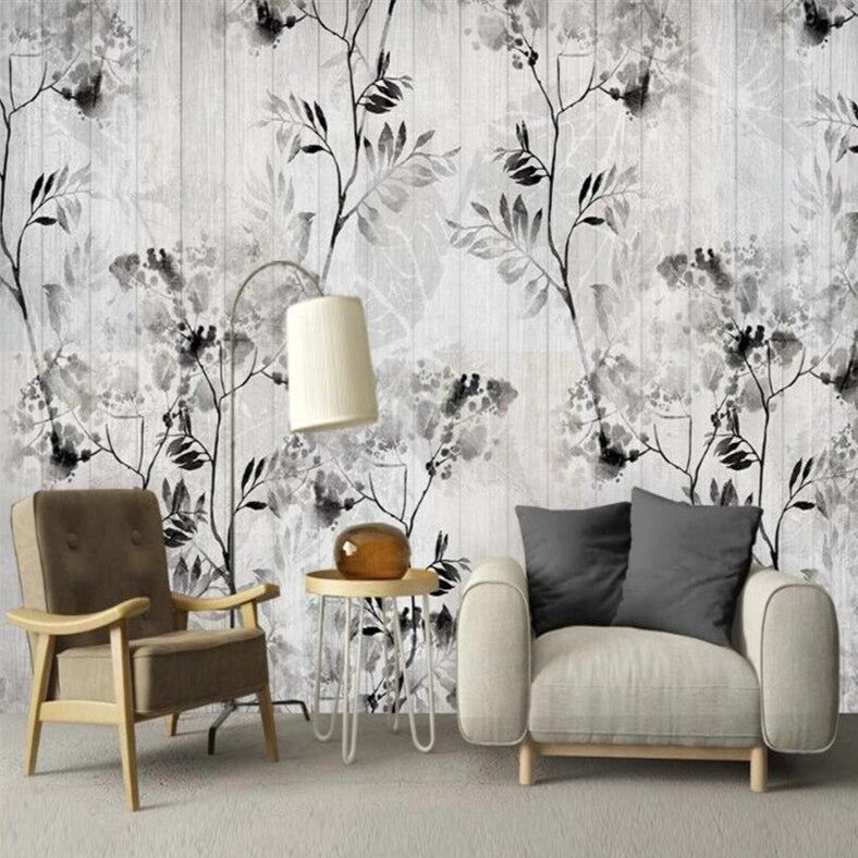Custom Wallpaper Mural Nordic Black White Leaf Wood Effect | BVM Home