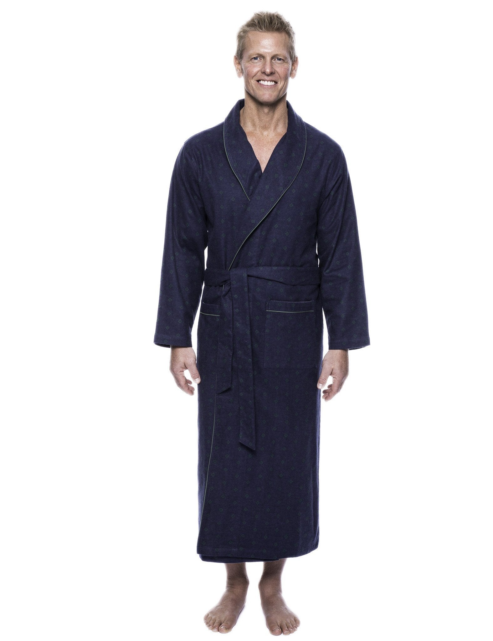 Men's 100% Cotton Flannel Long Robe - Double Diamond Navy/Green ...