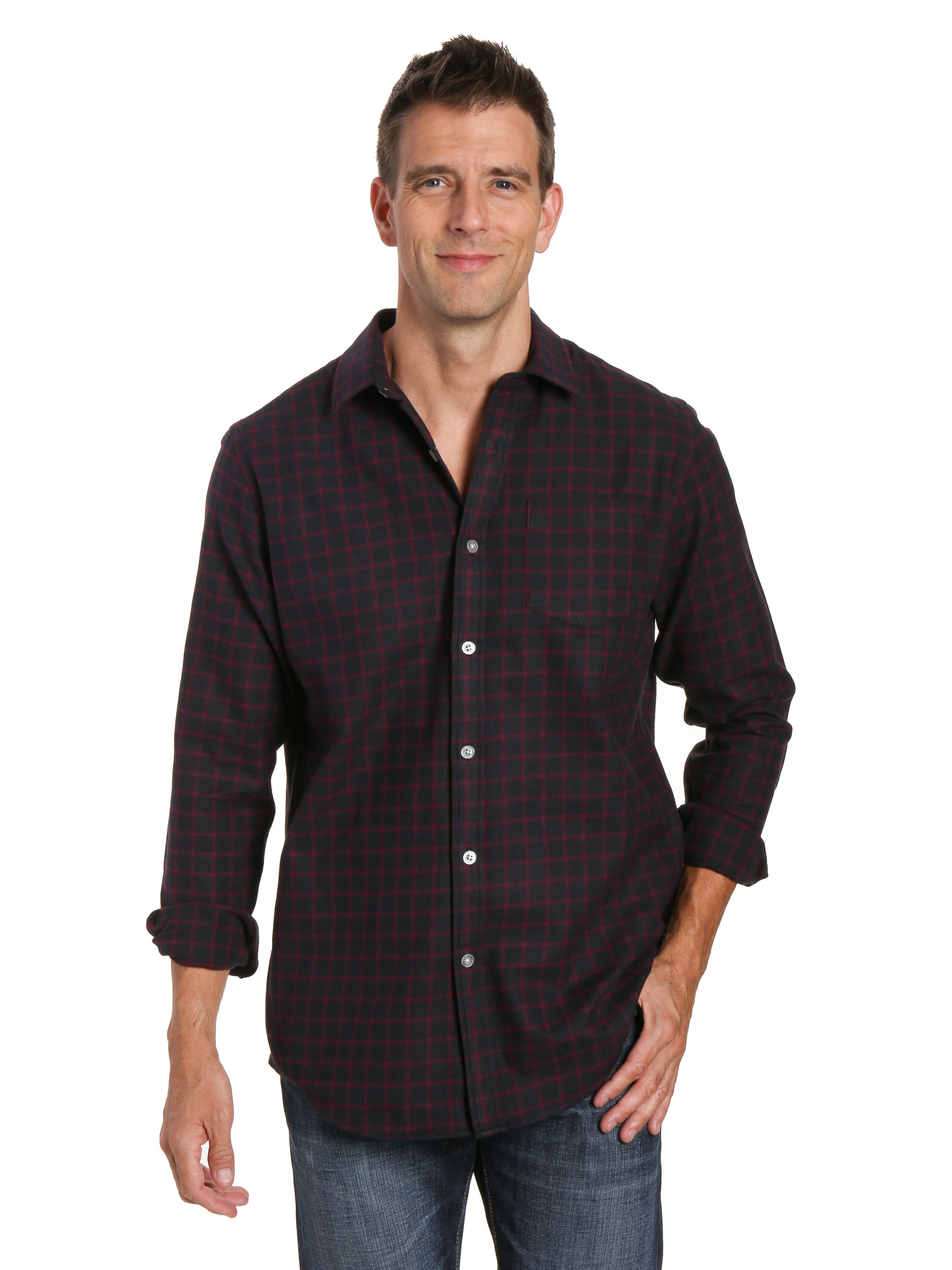 red and black flannel button up shirt