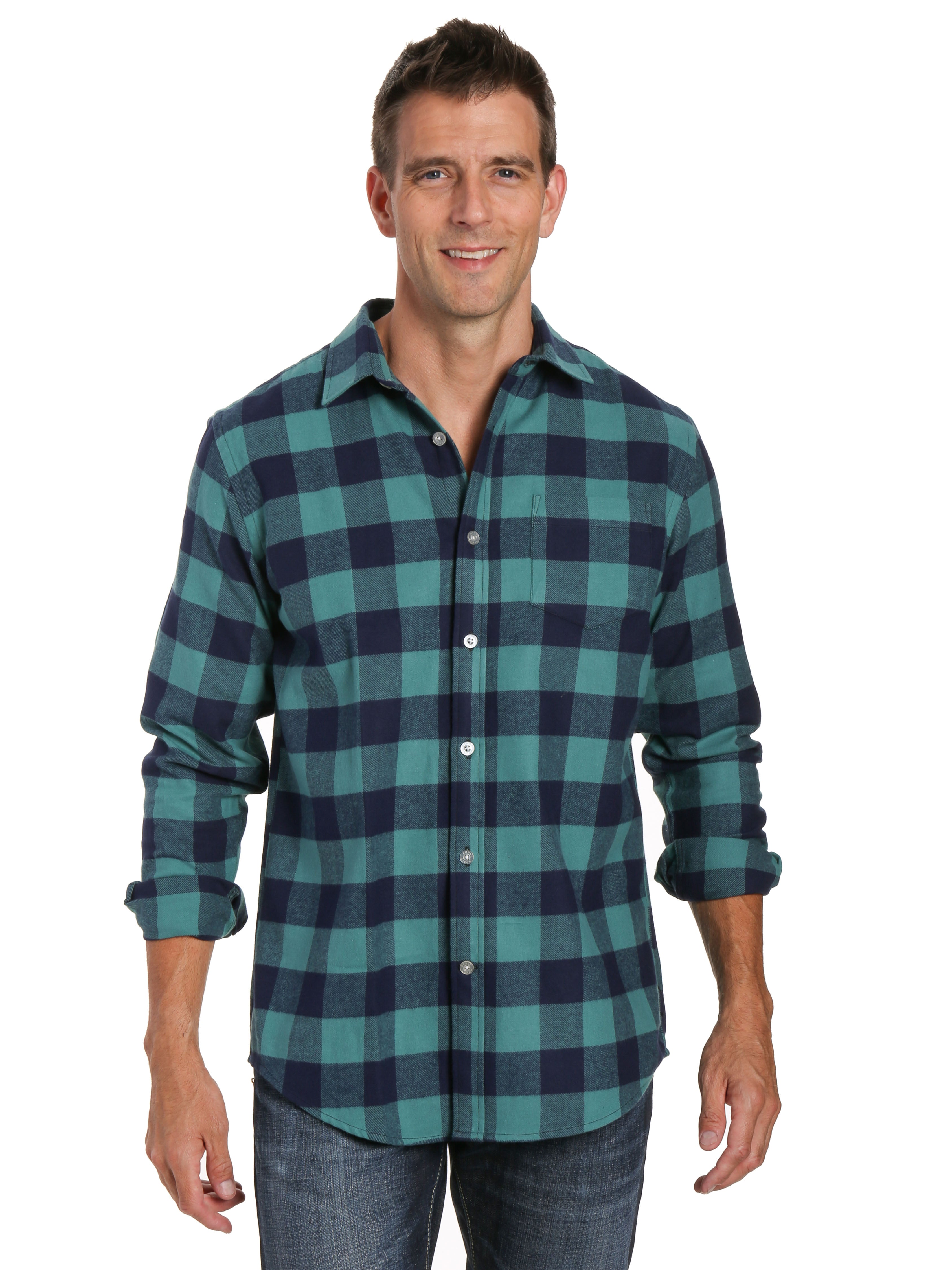 Mens 100% Cotton Flannel Shirt - Regular Fit - Gingham Checks - Blue-G ...