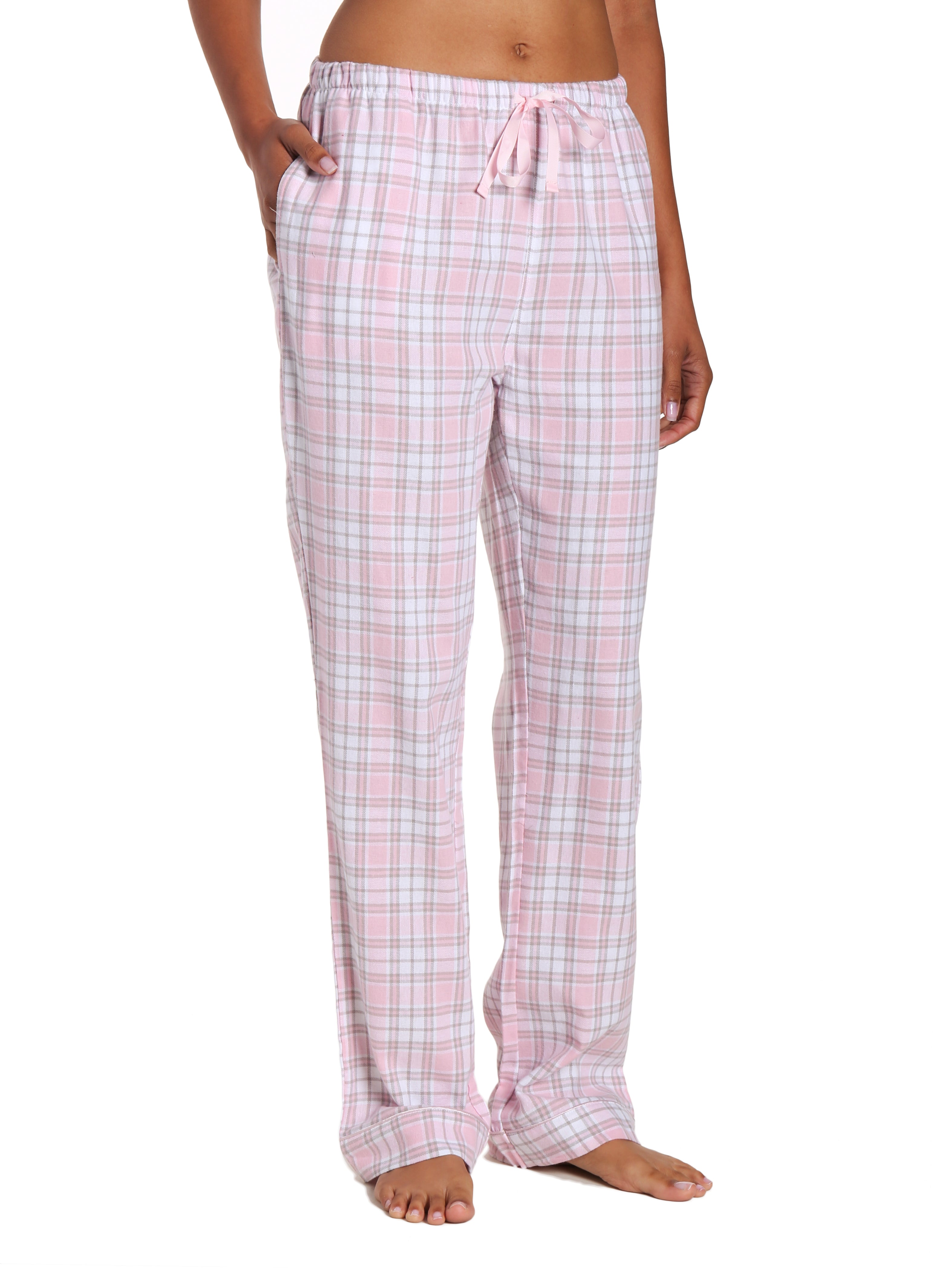 Womens 100% Cotton Lightweight Flannel Lounge Pants - Plaid White-Pink ...