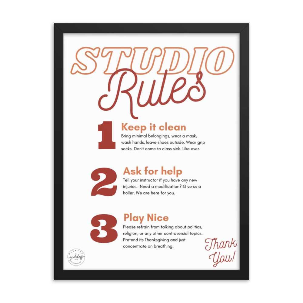 Pilates Studio Rules Pink & Teal Framed poster