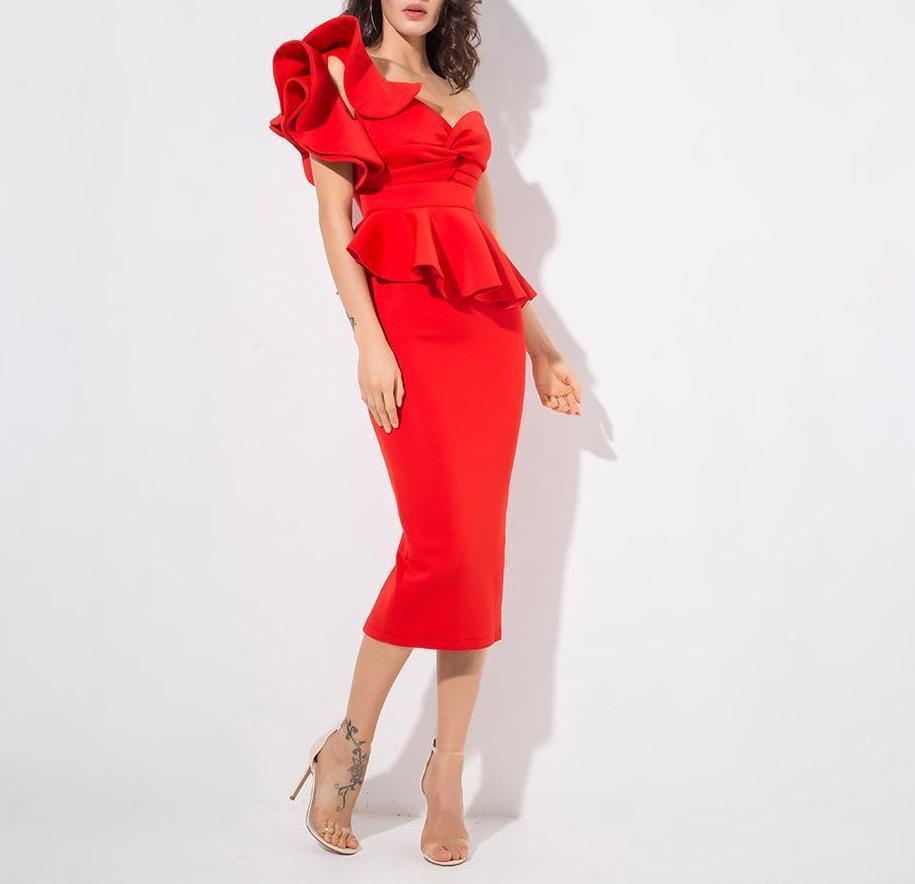 red one shoulder ruffle dress