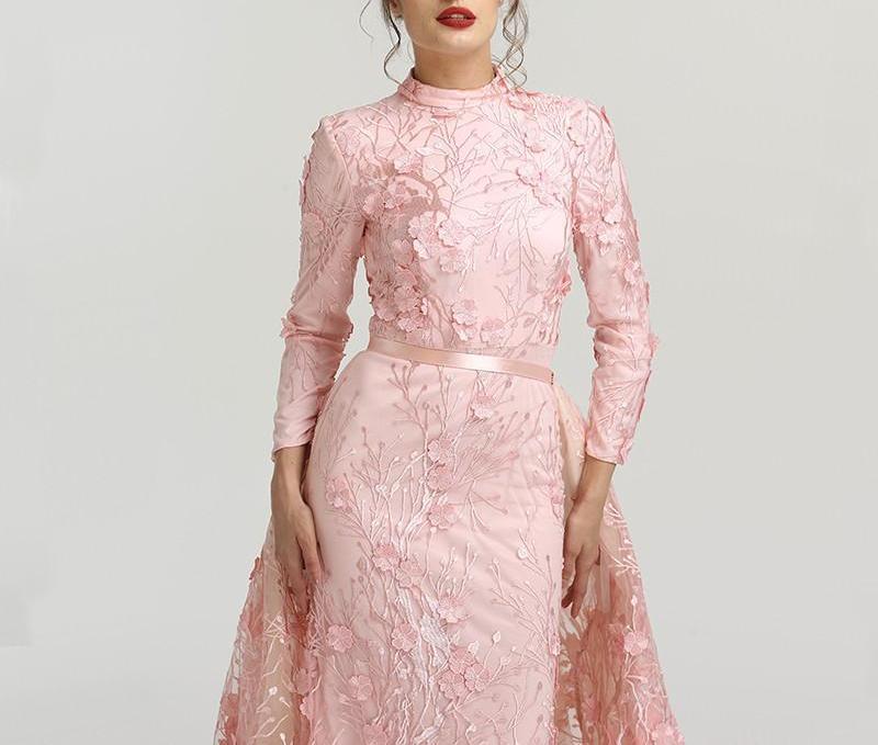 Misstook Label Long Sleeve Flower Embroidery Pink Train Evening Dress