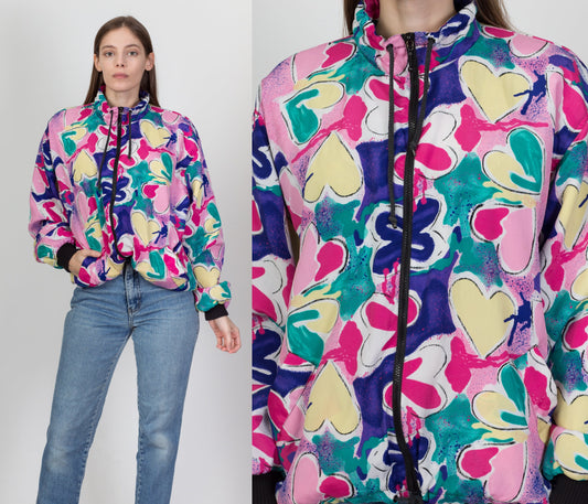 80s Shiny Reversible Floral & Optical Illusion Windbreaker - Extra Large