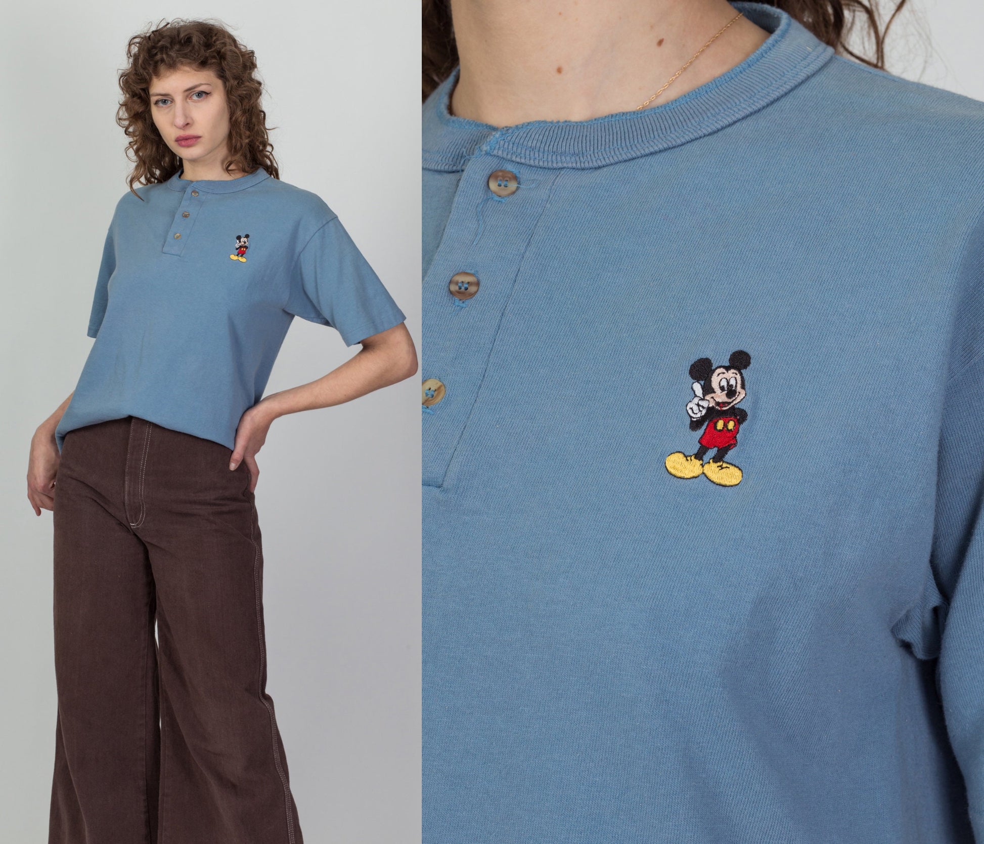 80s Slate Blue Mickey Mouse Henley Tee - Men's Small to Medium 