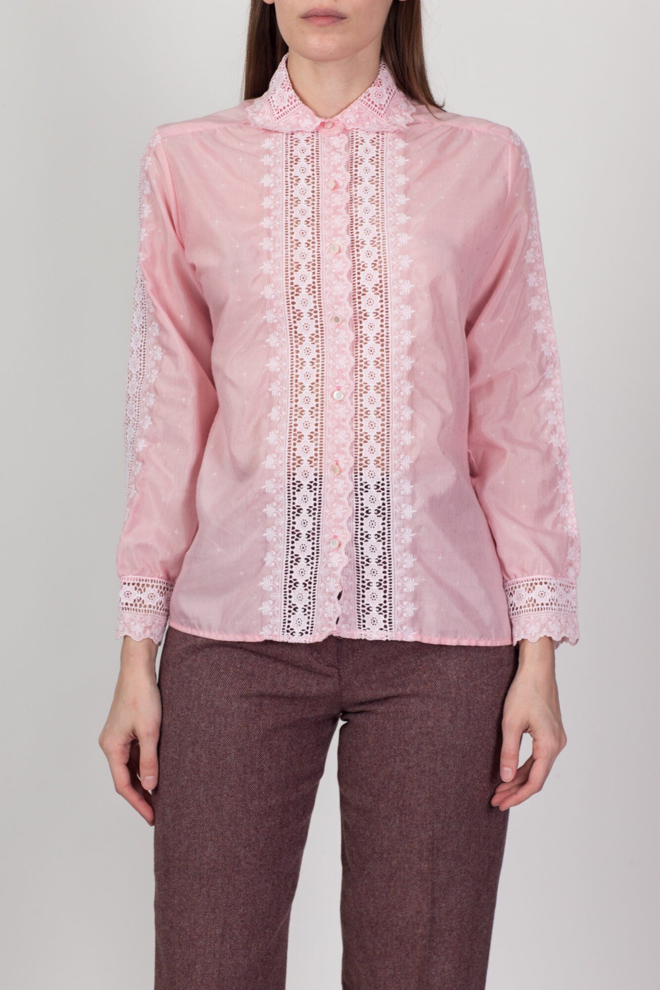 70s Pink & White Sheer Lace Blouse - Medium 
