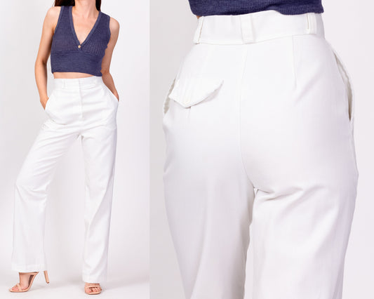 Vintage Original 70s High Waist Flared Trousers Size. 32 XXS Ecru White  Light Natural Tone Eggshell, 70s Fit & Flare Trousers Wide Leg Cream White  