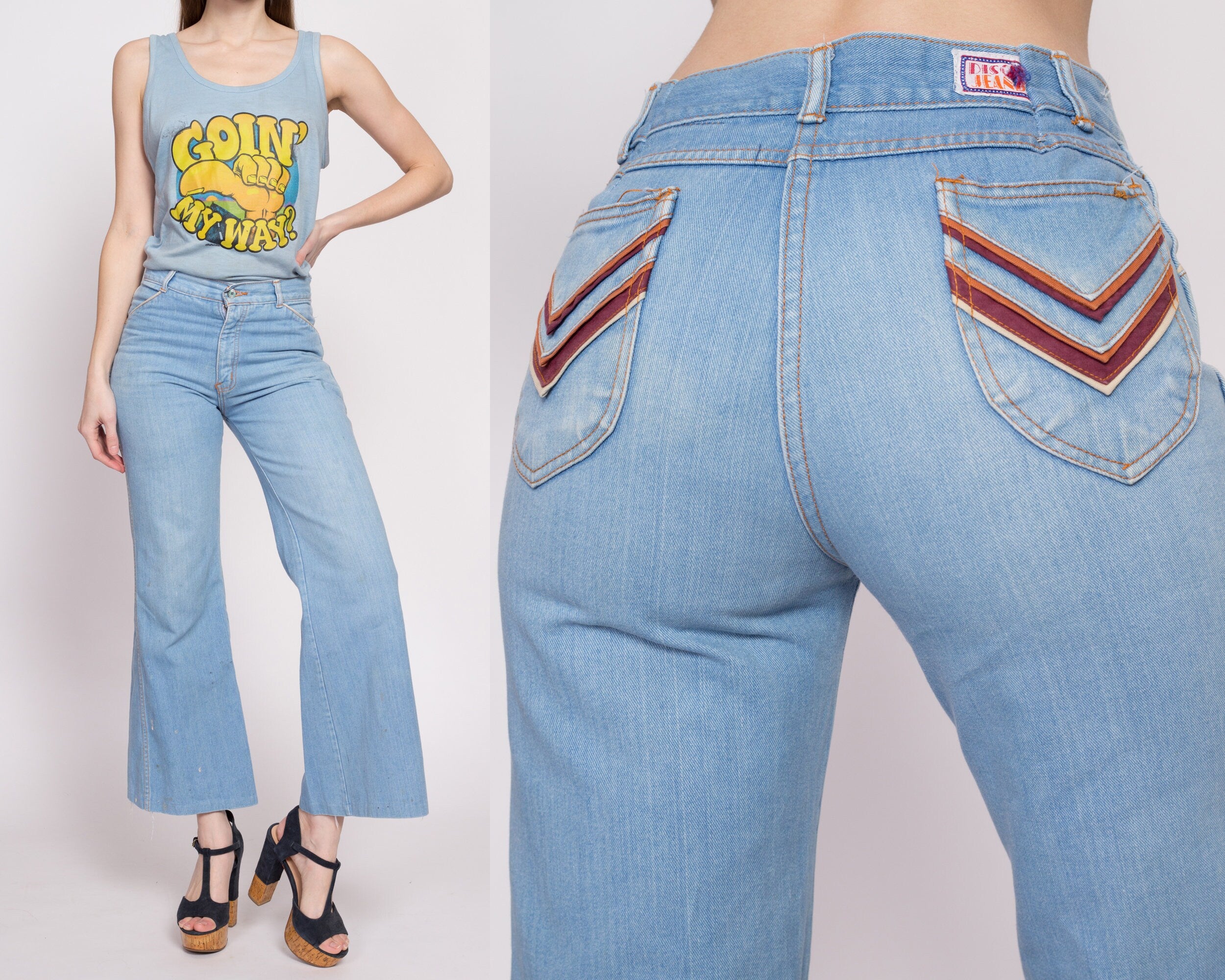 70s Striped Trim Bell Bottom Disco Jeans - Small to Petite Medium