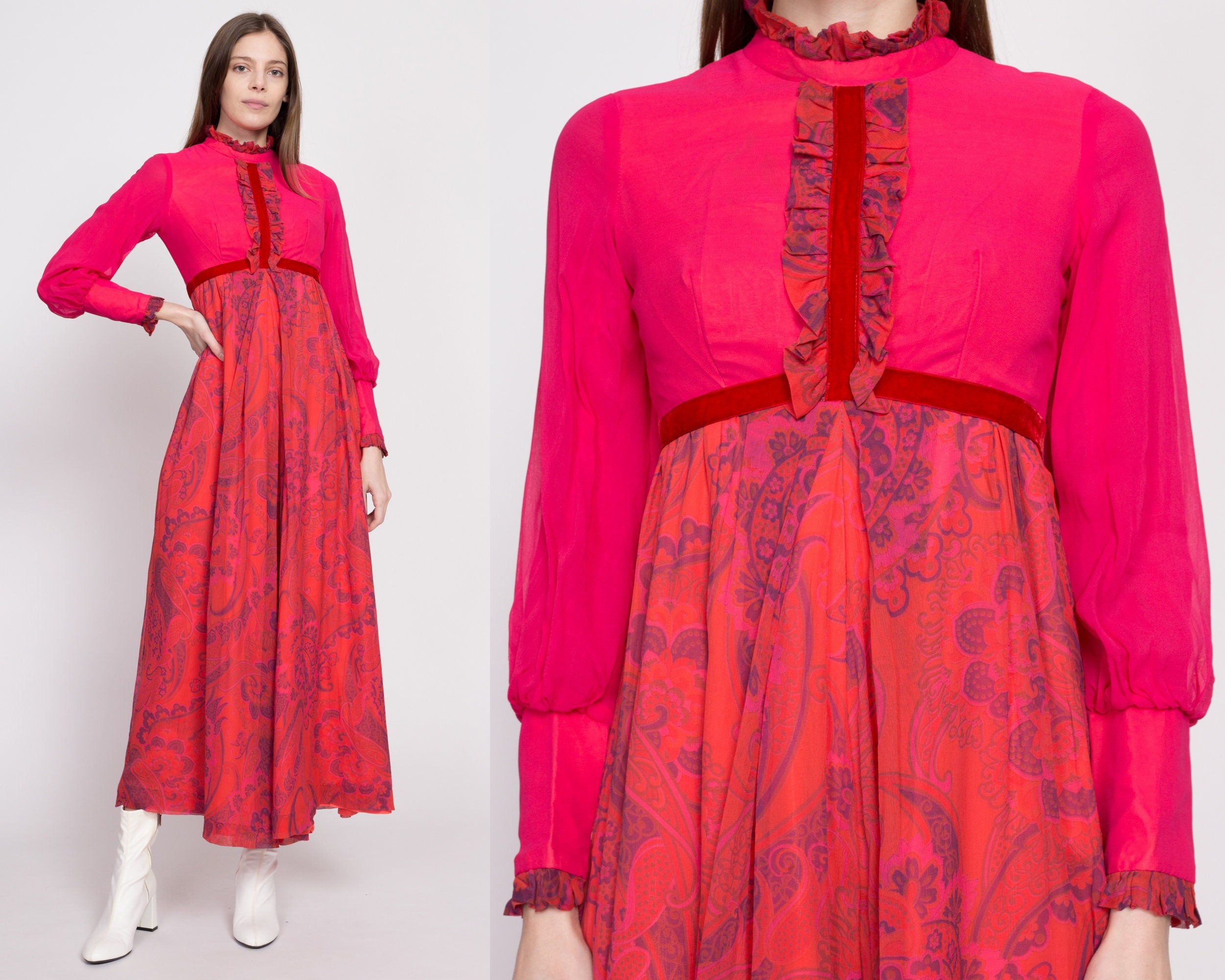 60s Hot Pink Floral & Paisley Palazzo Jumpsuit - Extra Small