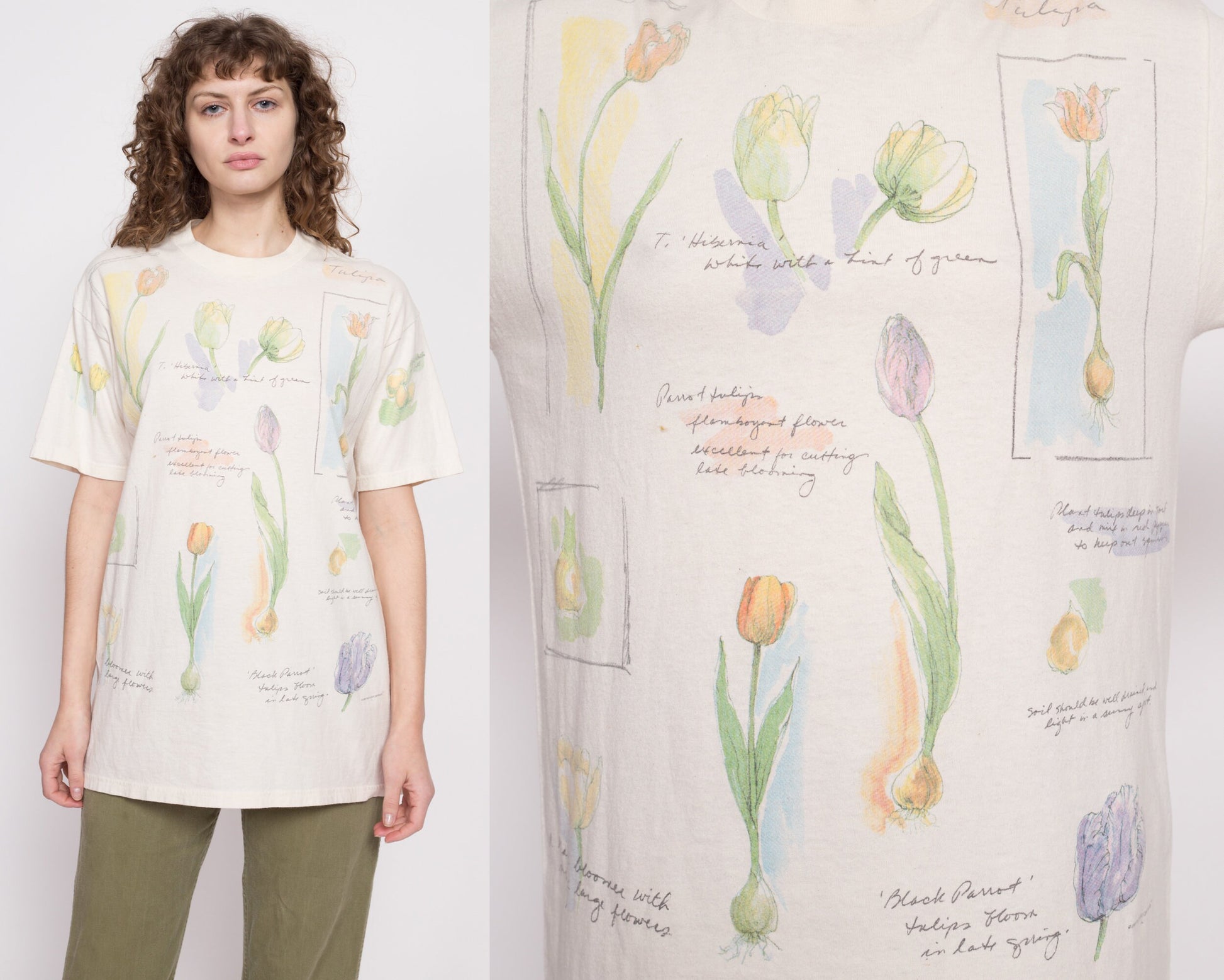 90s Tulip Botanical Graphic T Shirt - Unisex Large | Vintage Cream Cotton Flower Illustration T Shirt