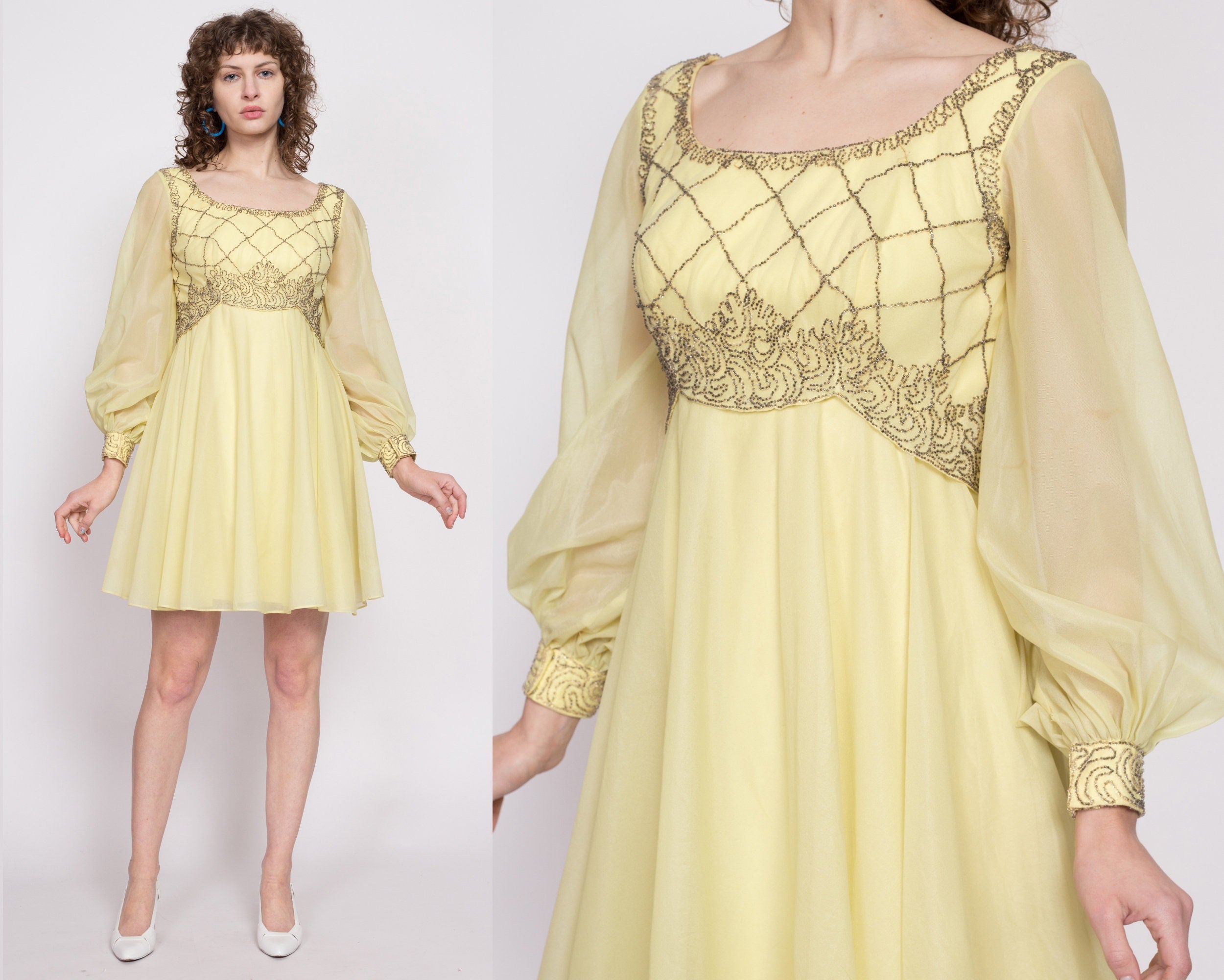 60s Mike Benet Formals Yellow Chiffon Party Dress, As Is - Medium
