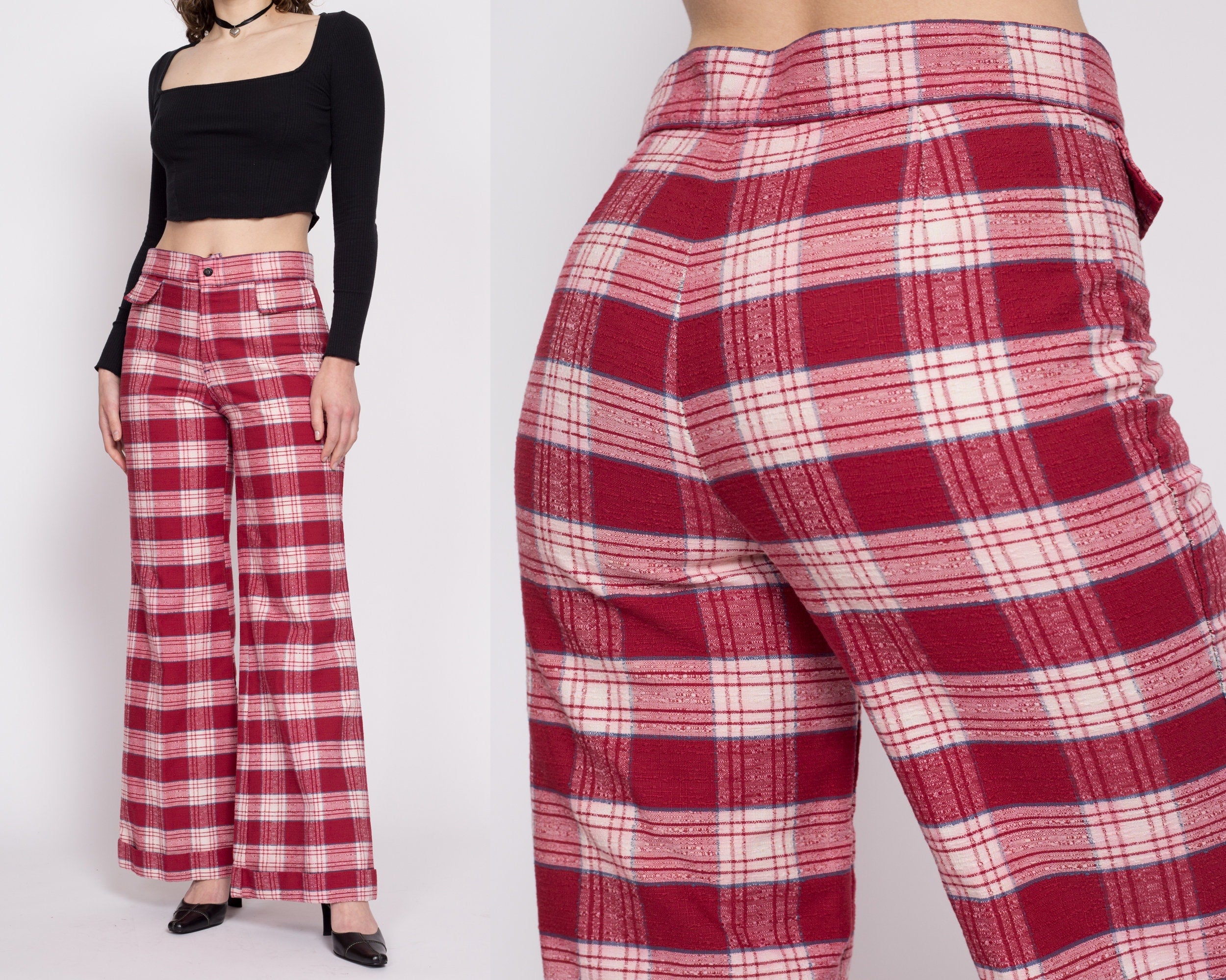 70s Red Plaid High Waisted Pants - Men's Small, Women's Medium, 31"