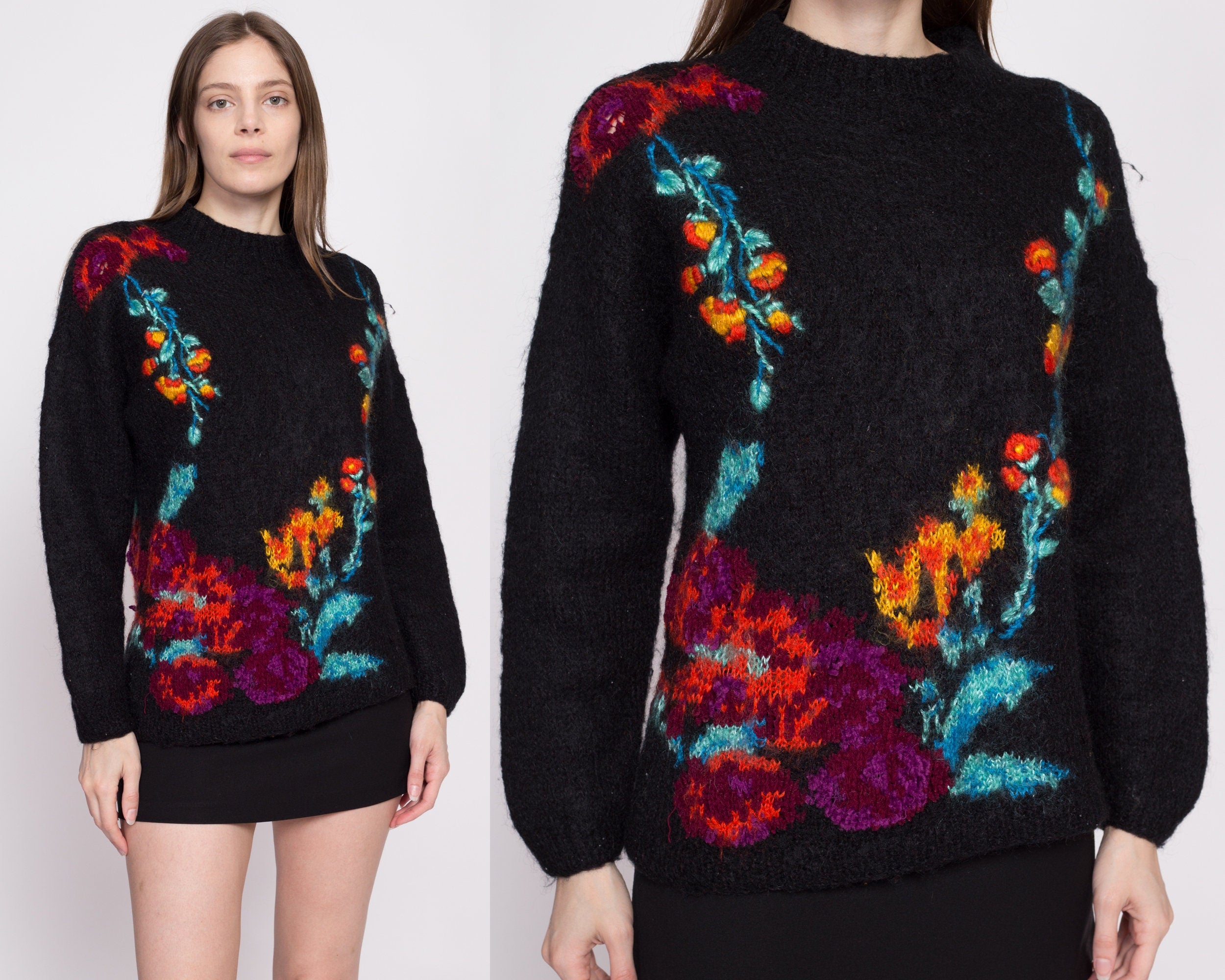80s Black Embroidered Floral Sweater - Medium – Flying Apple Vintage