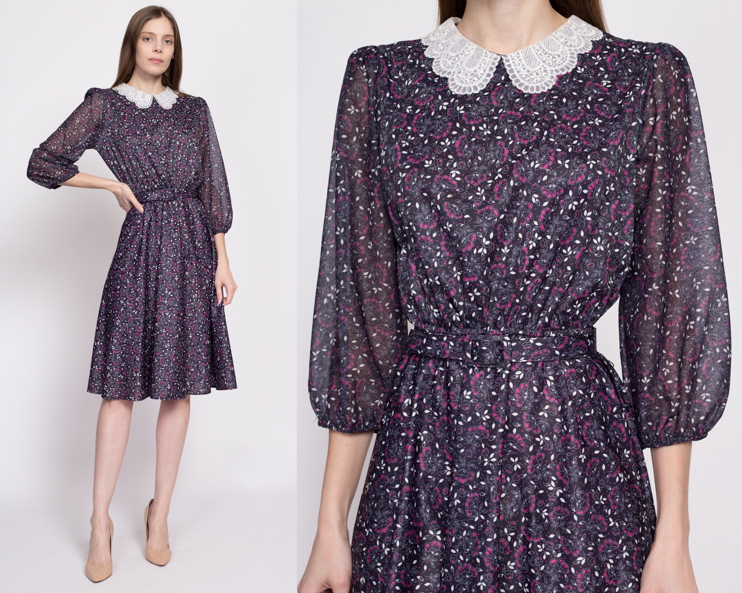 70s Floral Belted Midi Dress - Small to Medium